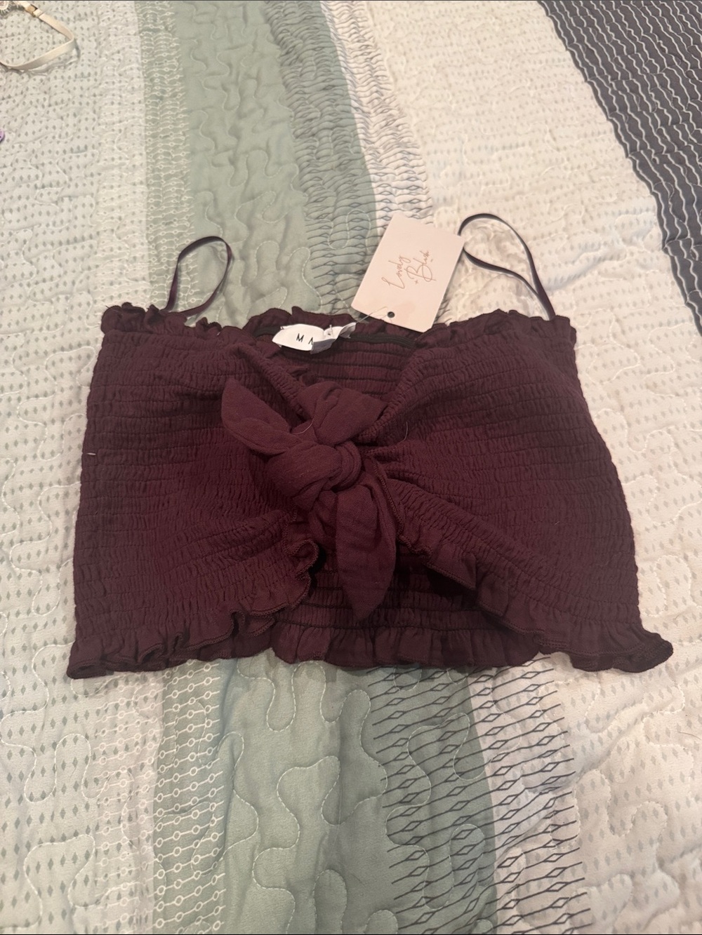 Smocked Tie-Front Bandeau Top - Deep Plum